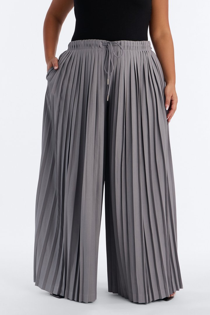 Adele All Over Pleated Wide Leg Trouser - Light Grey