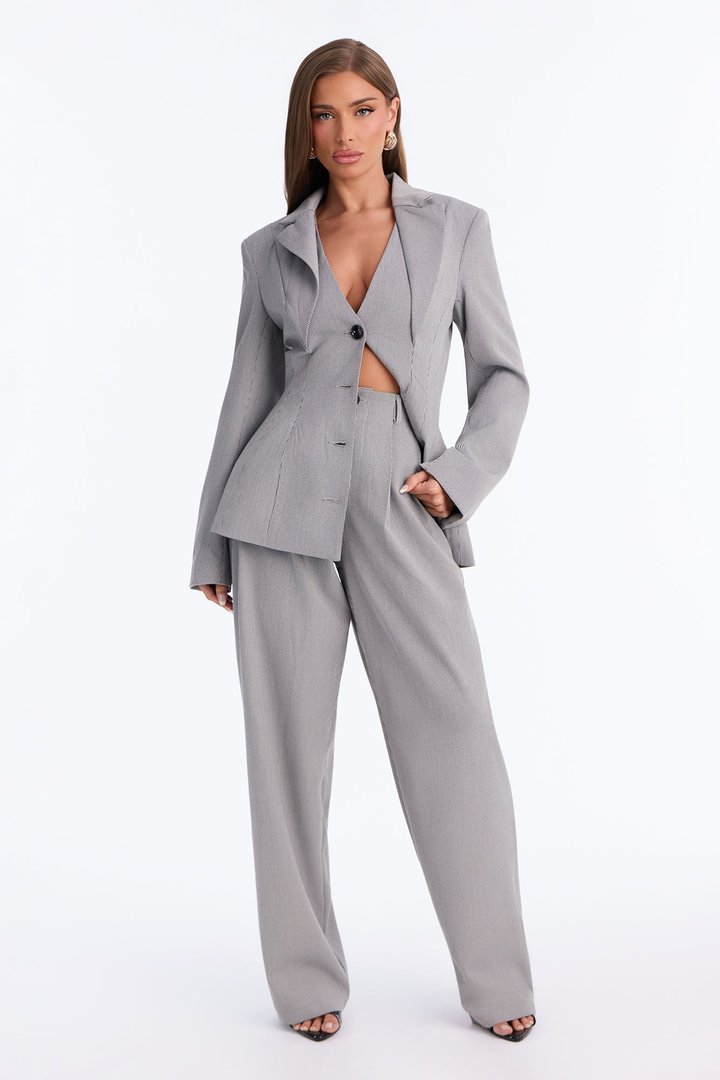 Alexis Straight Leg Pleated Houndstooth Trouser - Black/combo