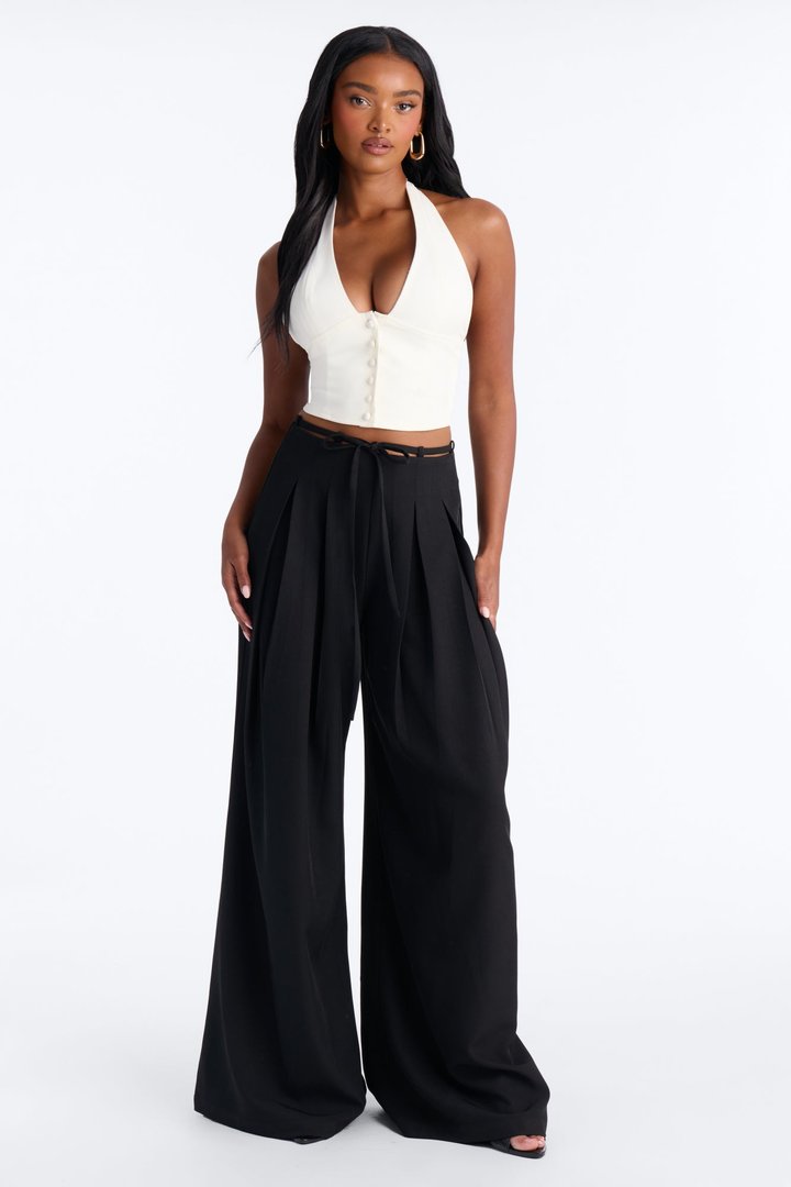 Halle High Rise Tie Waist Pleated Trouser - Black