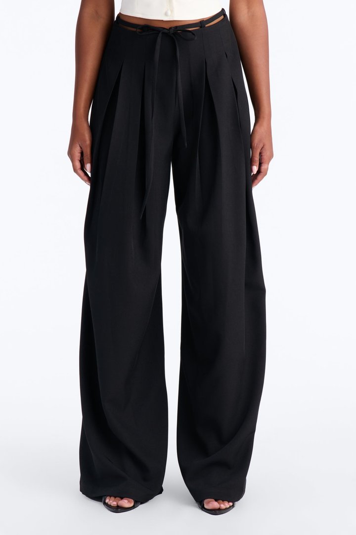 Halle High Rise Tie Waist Pleated Trouser - Black