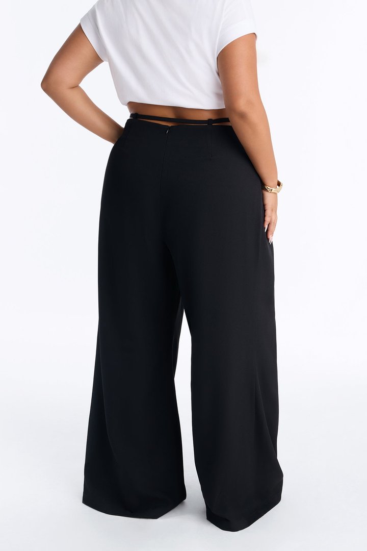 Halle High Rise Tie Waist Pleated Trouser - Black