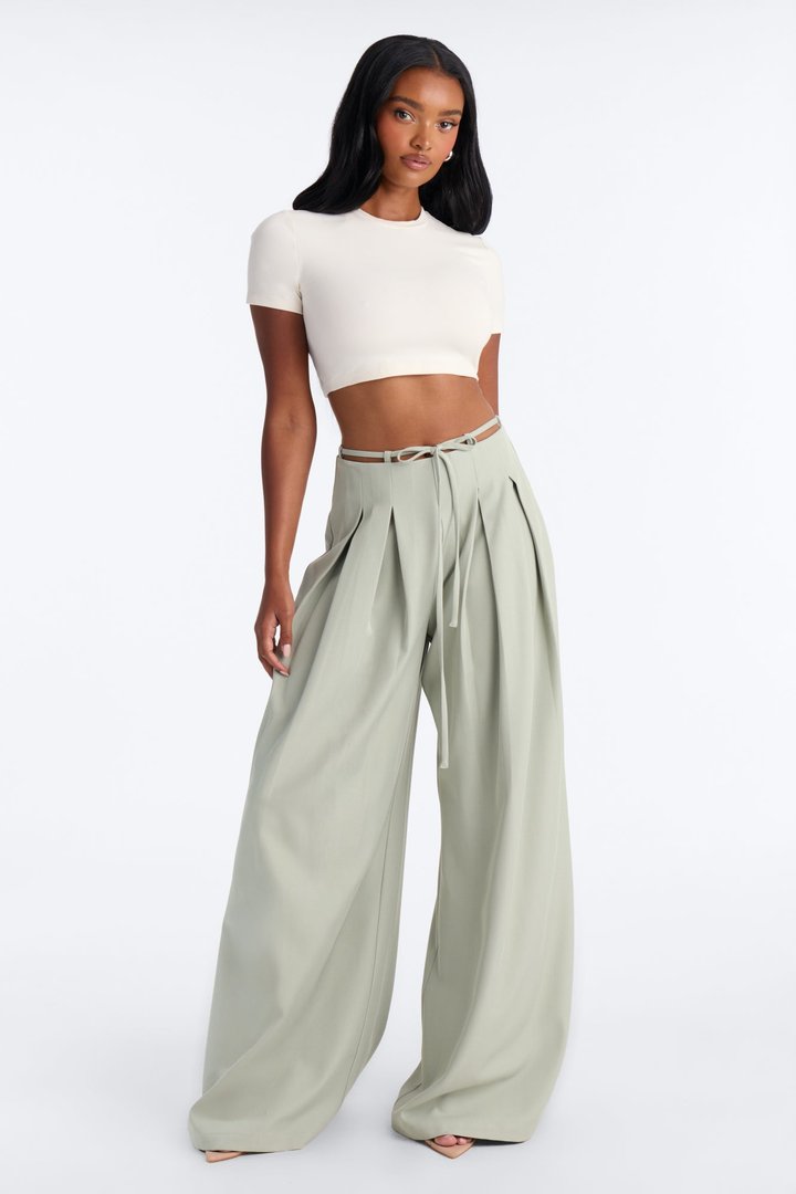 Halle High Rise Tie Waist Pleated Trouser - Sage