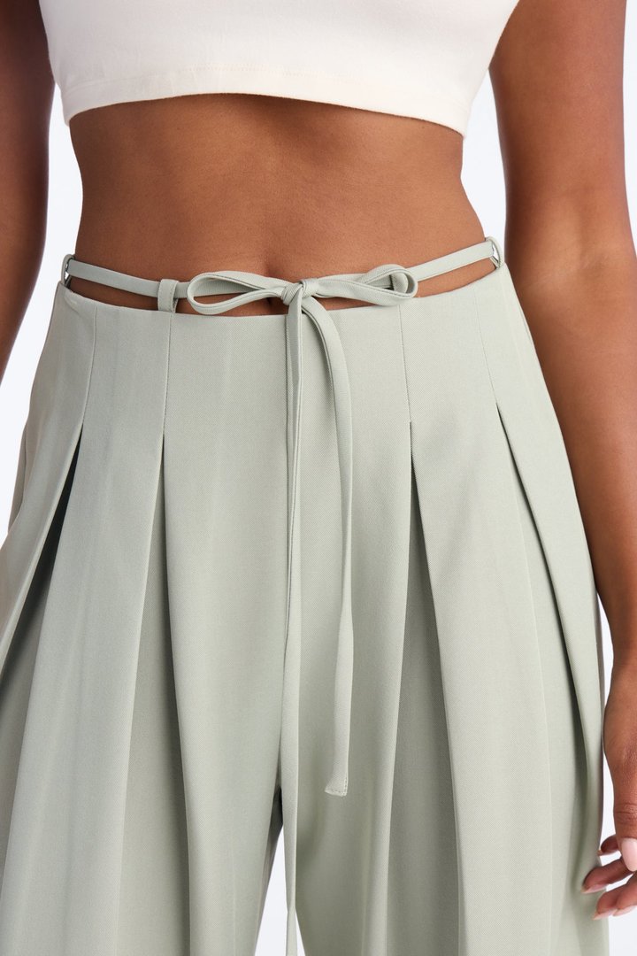 Halle High Rise Tie Waist Pleated Trouser - Sage