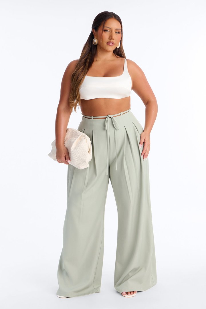 Halle High Rise Tie Waist Pleated Trouser - Sage