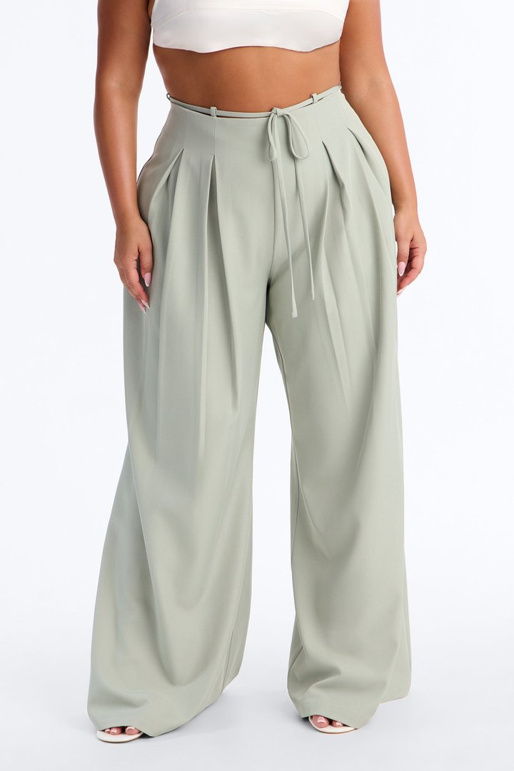 Halle High Rise Tie Waist Pleated Trouser - Sage