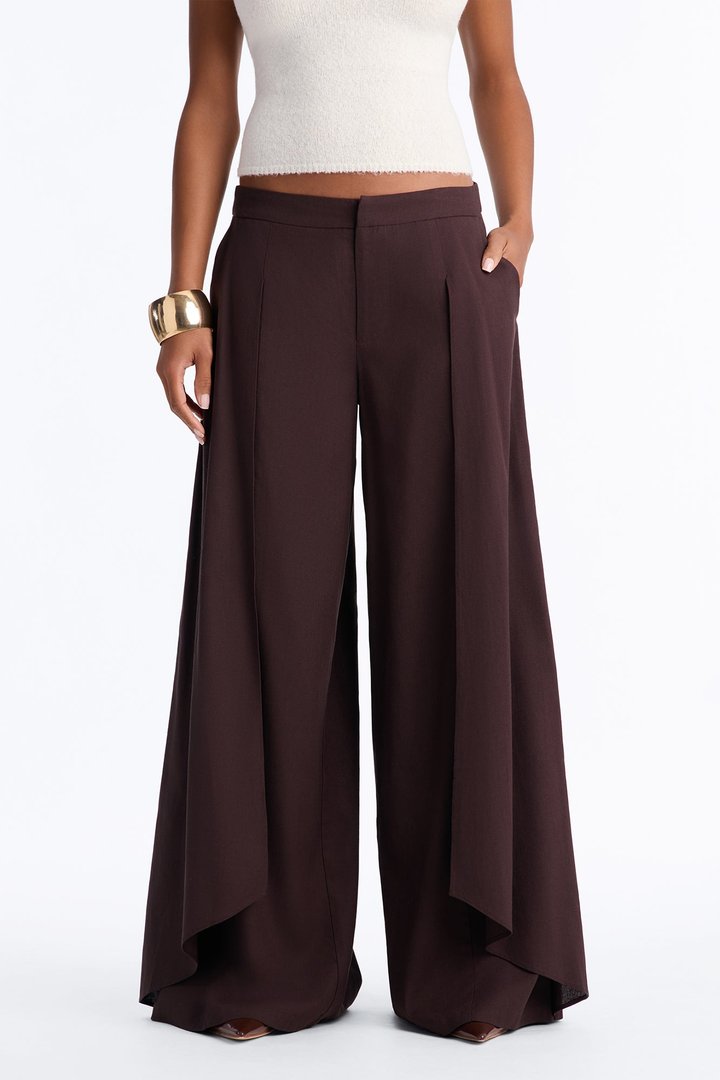 Isabella Low Rise Linen Paneled Pant - Chocolate
