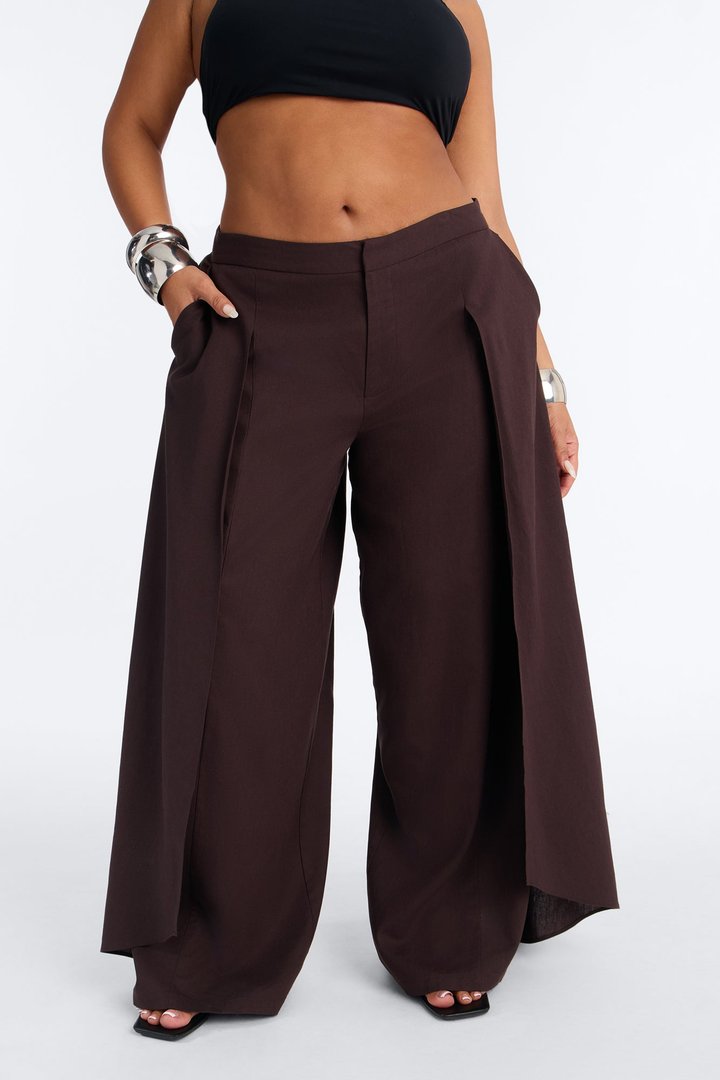 Isabella Low Rise Linen Paneled Pant - Chocolate