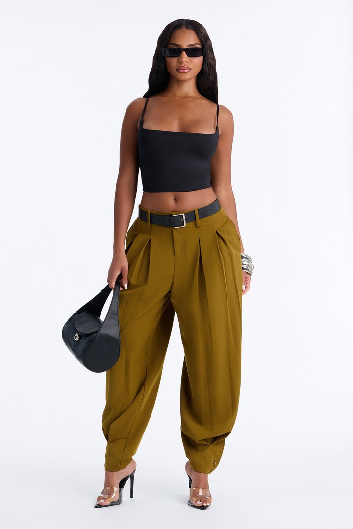Stephanie High Rise Belted Button Cuff Trouser - Olive