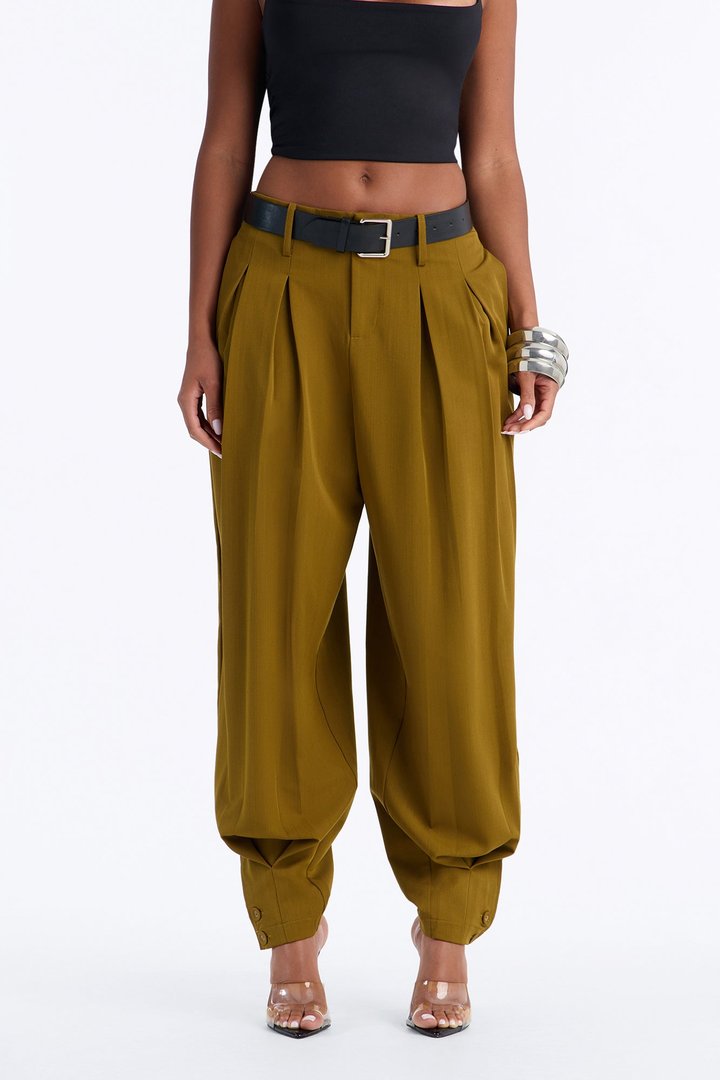 Stephanie High Rise Belted Button Cuff Trouser - Olive