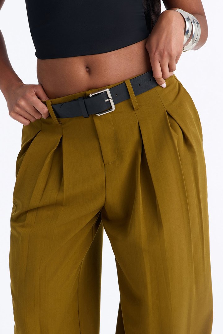 Stephanie High Rise Belted Button Cuff Trouser - Olive