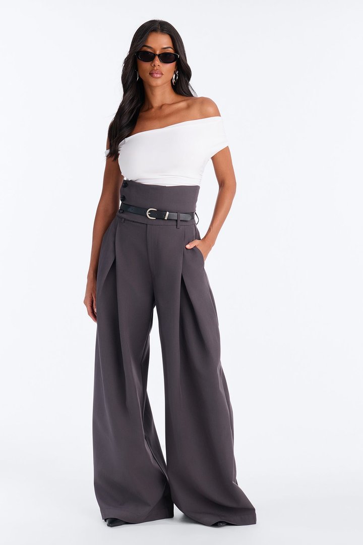 Thalia High Rise Foldover Corset Waist Belted Trouser - Charcoal