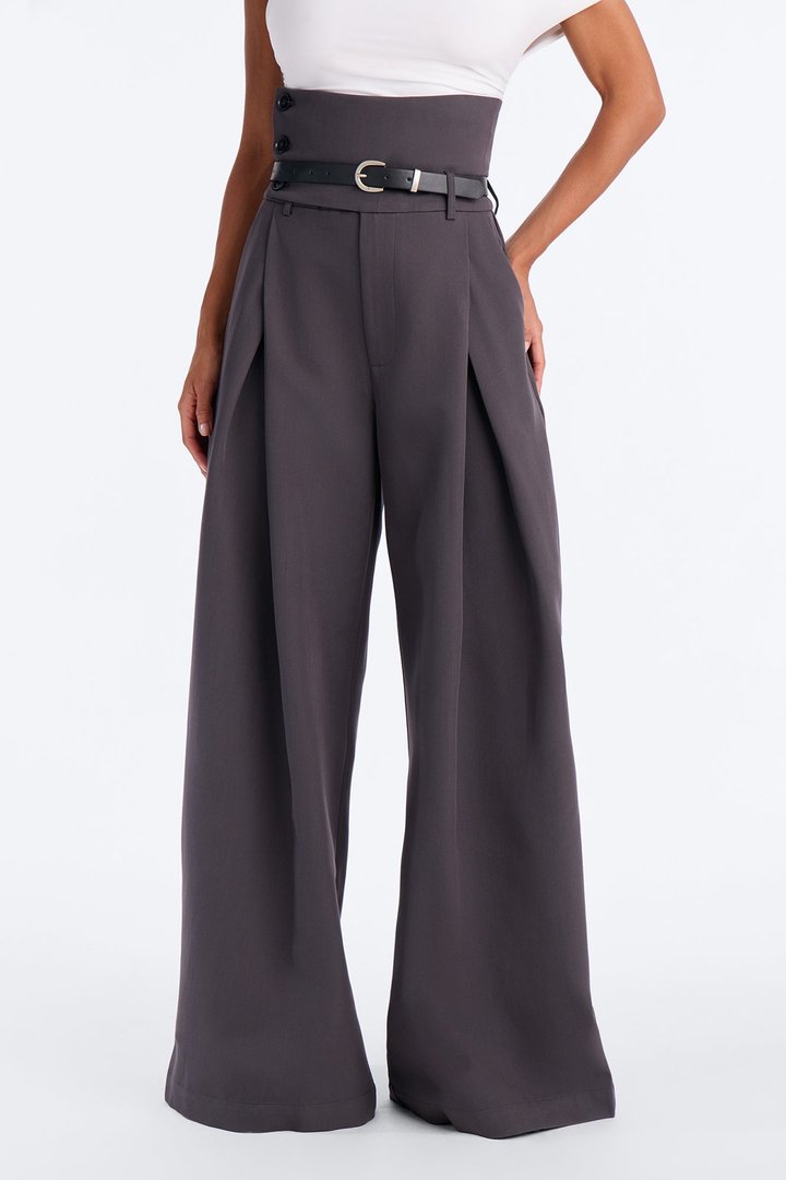 Thalia High Rise Foldover Corset Waist Belted Trouser - Charcoal