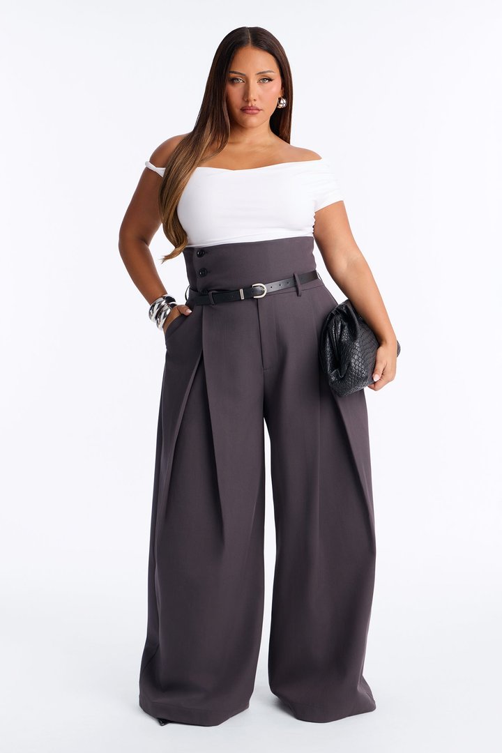 Thalia High Rise Foldover Corset Waist Belted Trouser - Charcoal