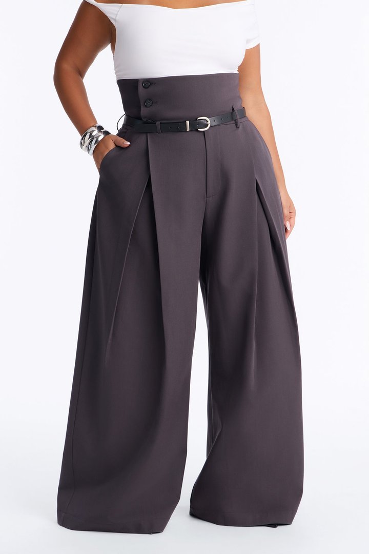 Thalia High Rise Foldover Corset Waist Belted Trouser - Charcoal