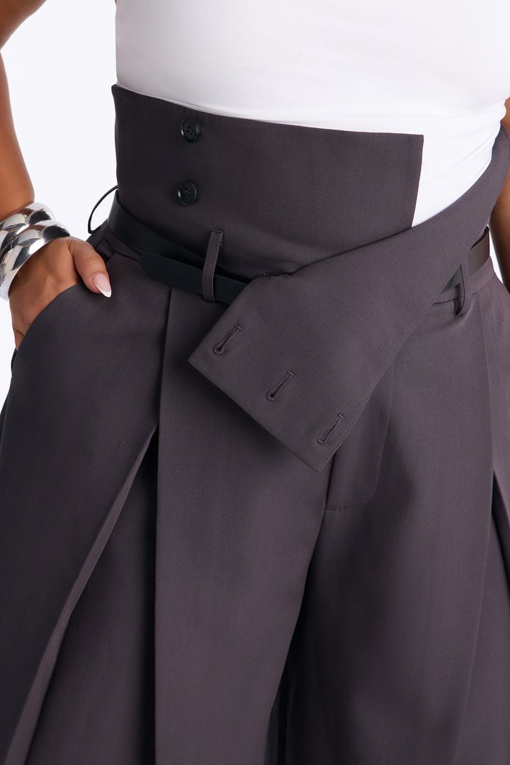 Thalia High Rise Foldover Corset Waist Belted Trouser - Charcoal