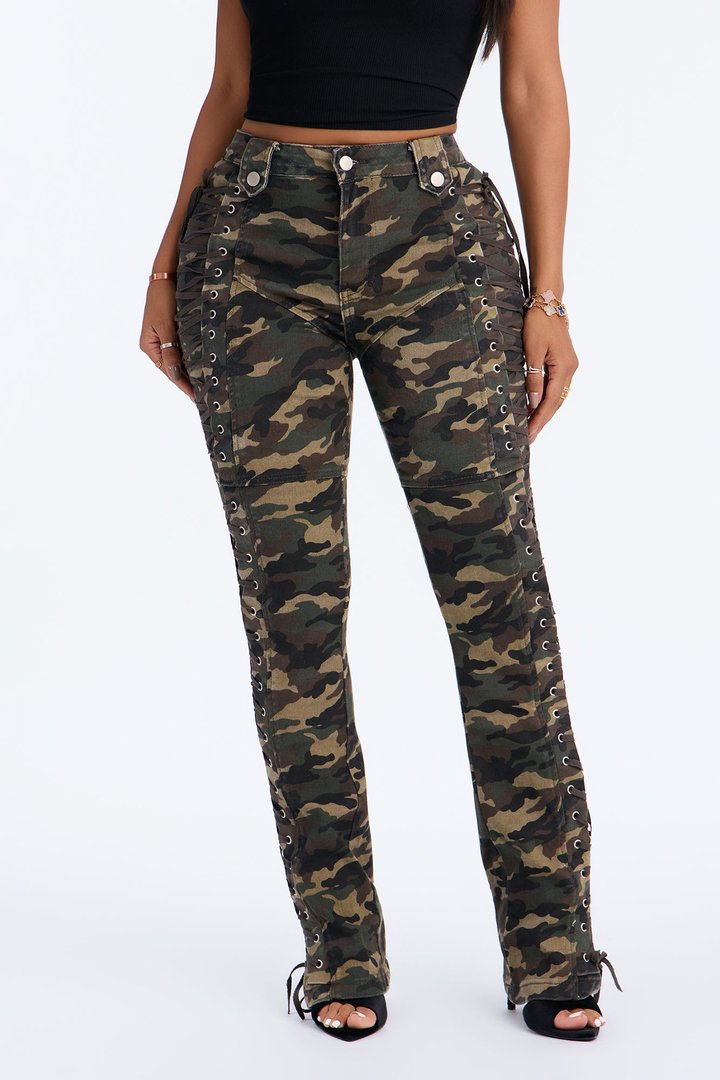 After Hours Lace Up Printed Flare Pant - Olive/combo
