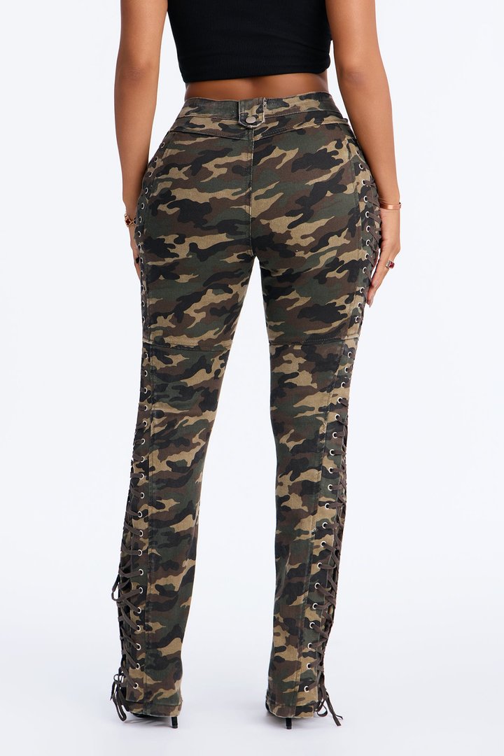 After Hours Lace Up Printed Flare Pant - Olive/combo