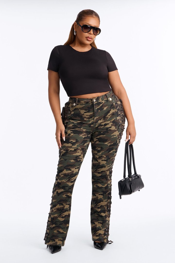After Hours Lace Up Printed Flare Pant - Olive/combo