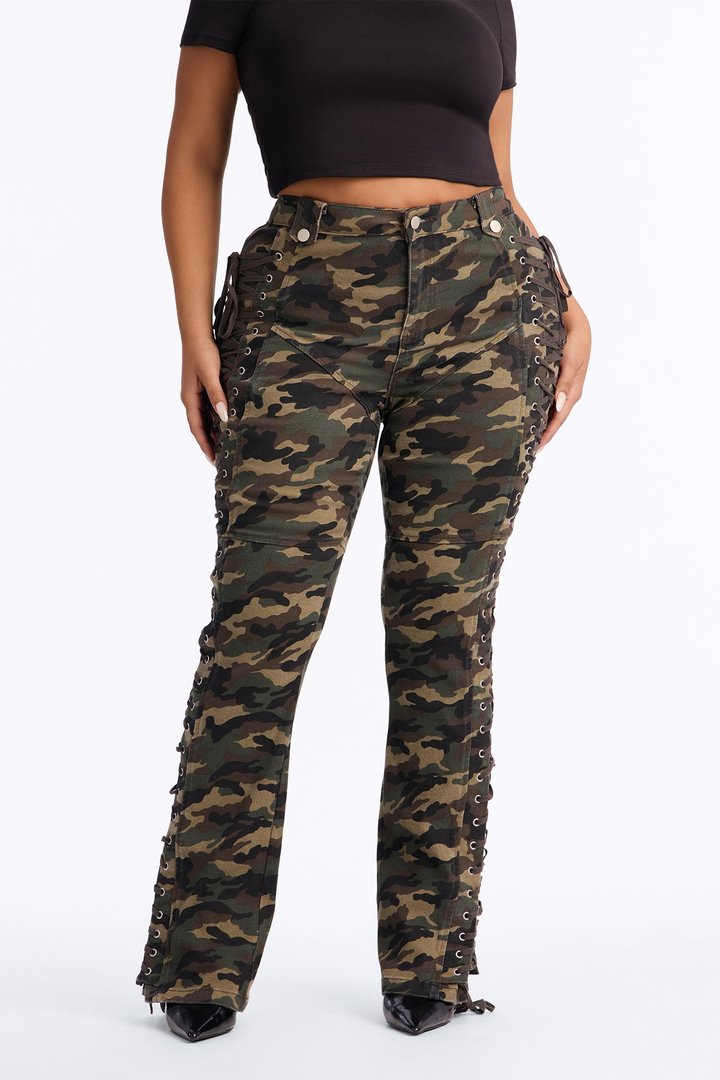 After Hours Lace Up Printed Flare Pant - Olive/combo