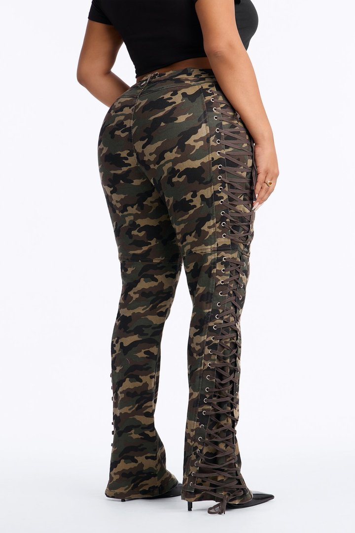 After Hours Lace Up Printed Flare Pant - Olive/combo
