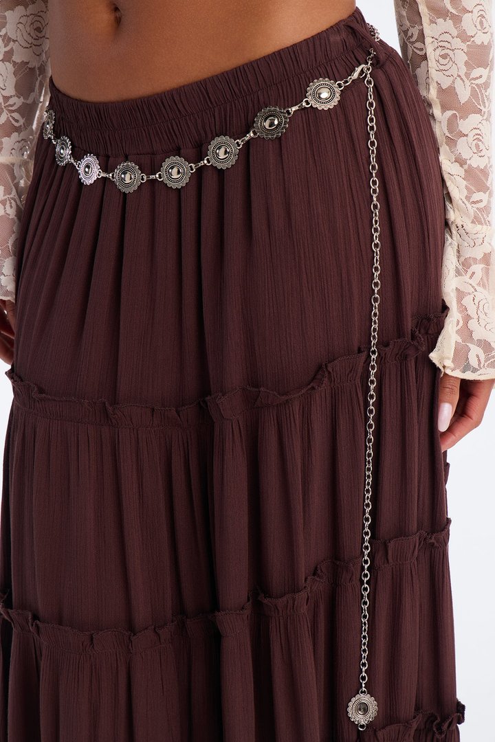 Free Spirit Low Rise Belted Tiered Maxi Skirt - Brown