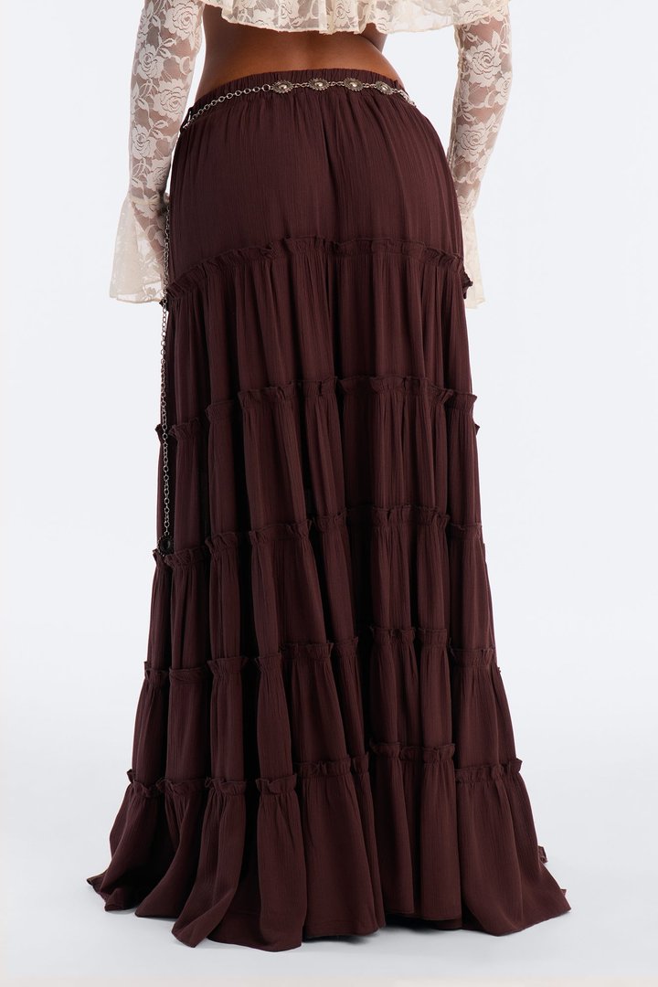 Free Spirit Low Rise Belted Tiered Maxi Skirt - Brown