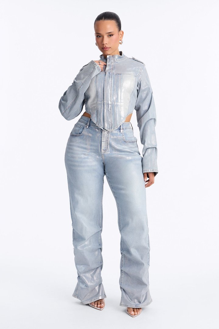 Frenchie Foil Stacked Slim Jeans - Light Wash