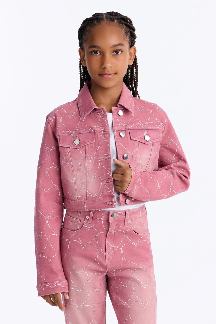 Mini Breaking My Heart Embellished Denim Jacket - Rose