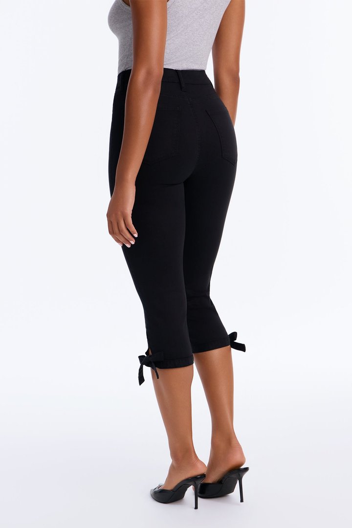 Classic Color High Waist Bow Tie Capri Jeans - Black