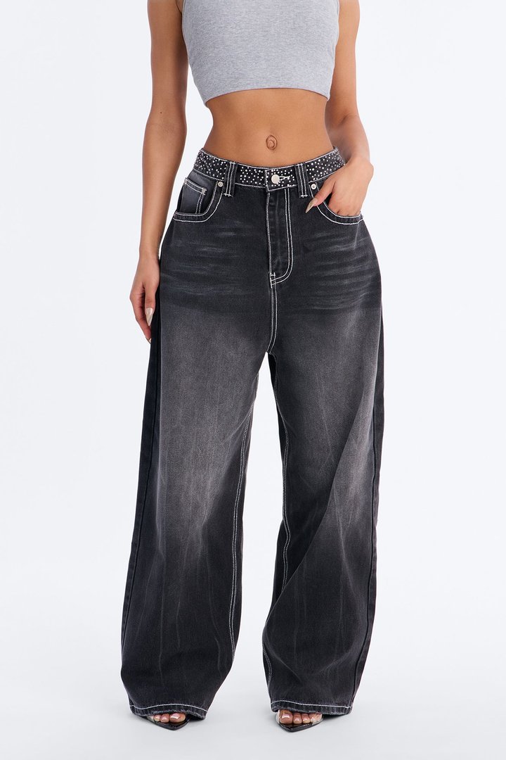 Greatest Love Embellished Baggy Jeans - Grey