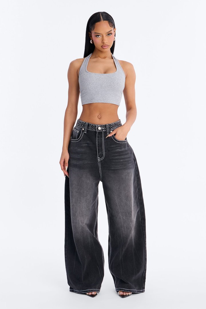 Greatest Love Embellished Baggy Jeans - Grey