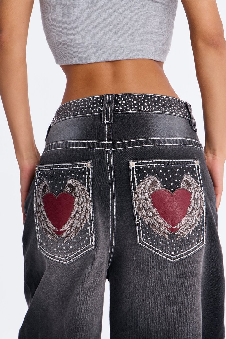 Greatest Love Embellished Baggy Jeans - Grey