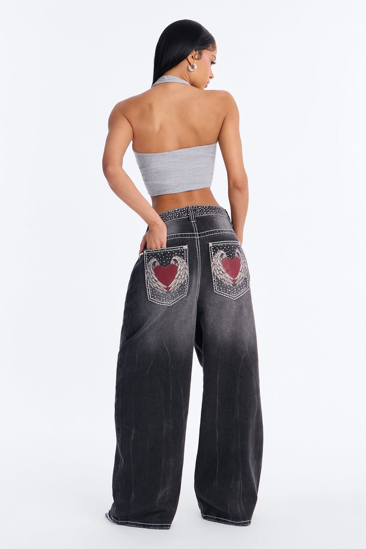 Greatest Love Embellished Baggy Jeans - Grey