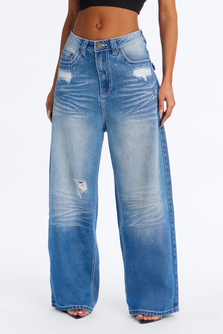 Make Me Believe Embroidered Baggy Jeans - Dark Wash