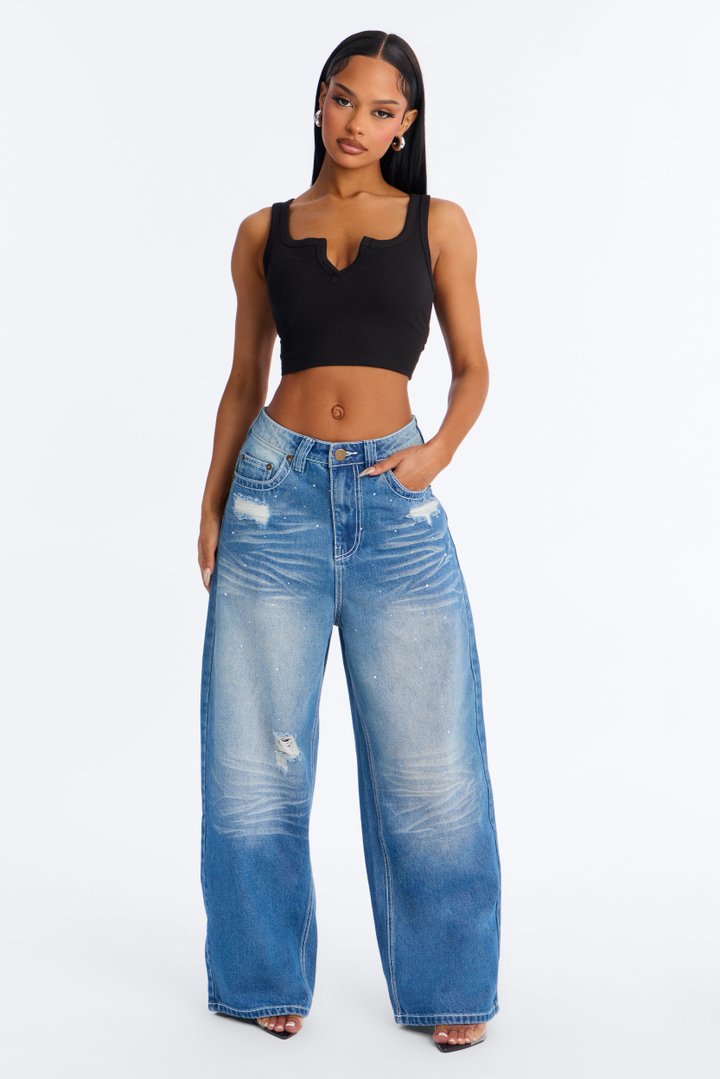 Make Me Believe Embroidered Baggy Jeans - Dark Wash