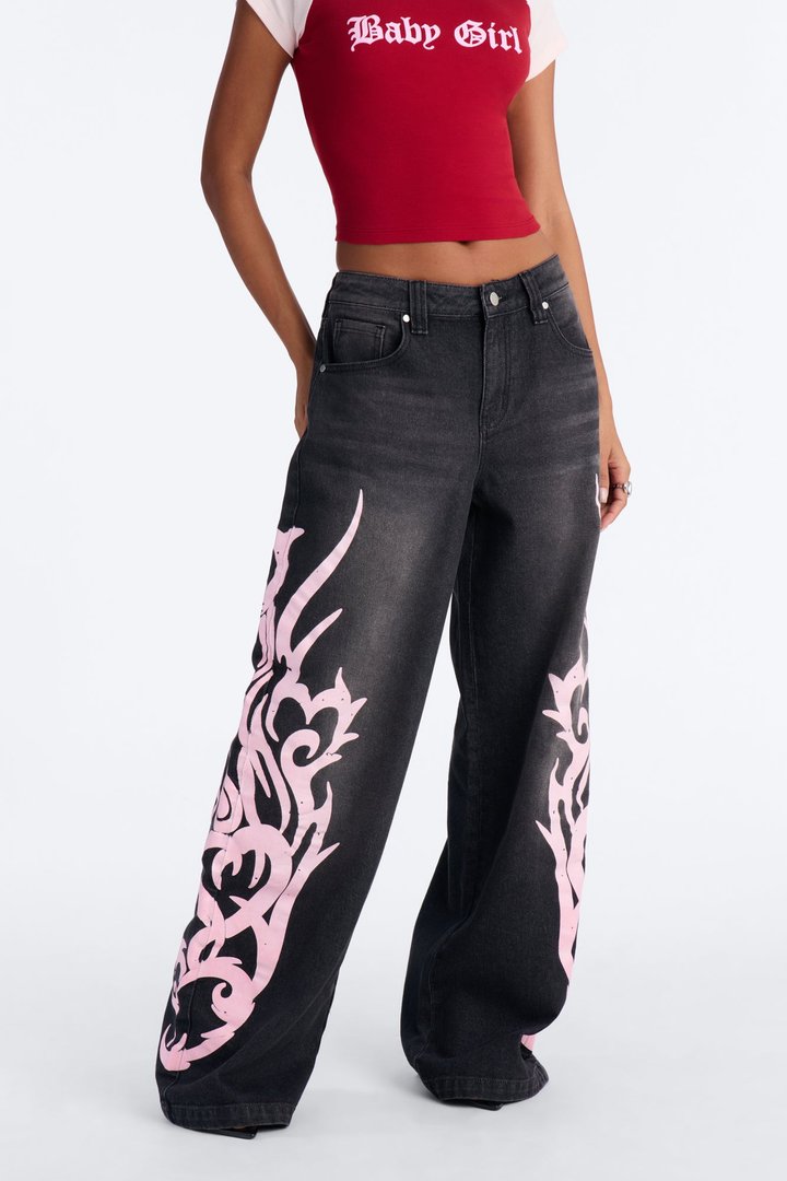 Sentimental Value 90s Baggy Printed Jeans - Black Wash