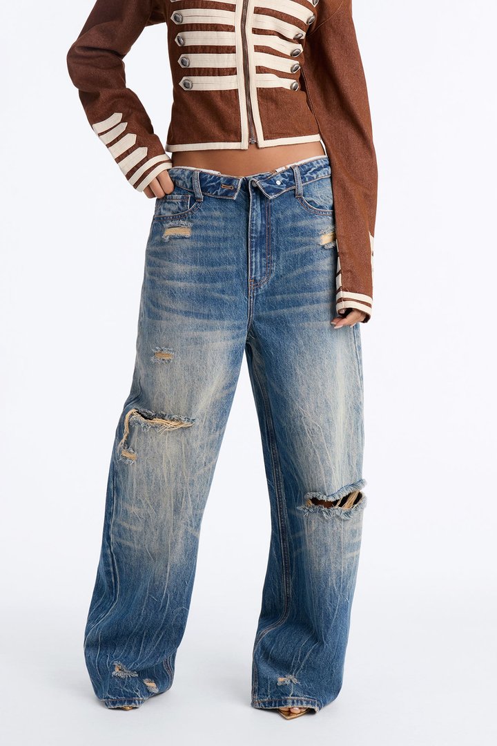 New York Edition Ripped Foldover Jeans - Vintage Wash