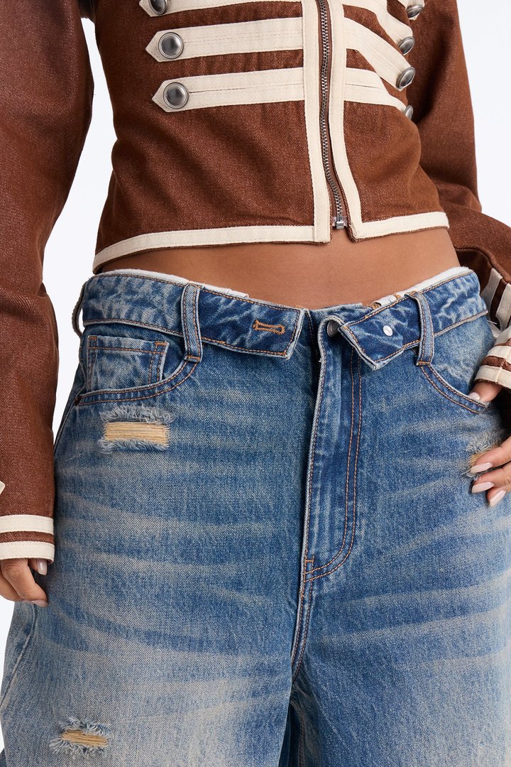 New York Edition Ripped Foldover Jeans - Vintage Wash