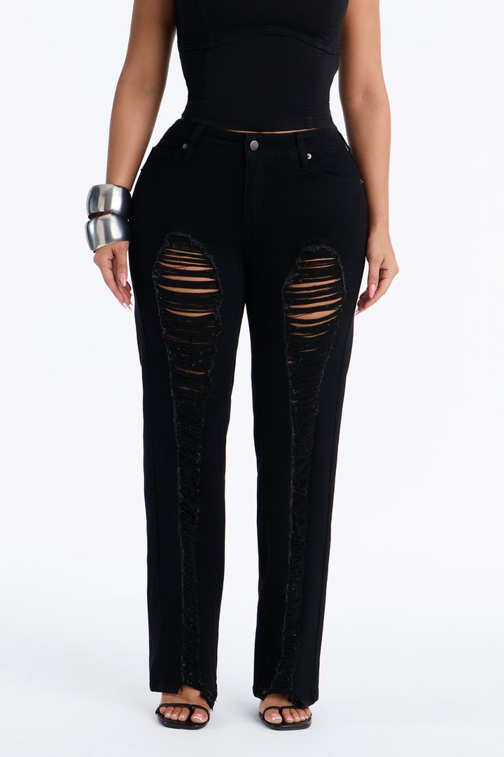 Hollywood Ripped Low Waist Straight Leg Jeans - Black