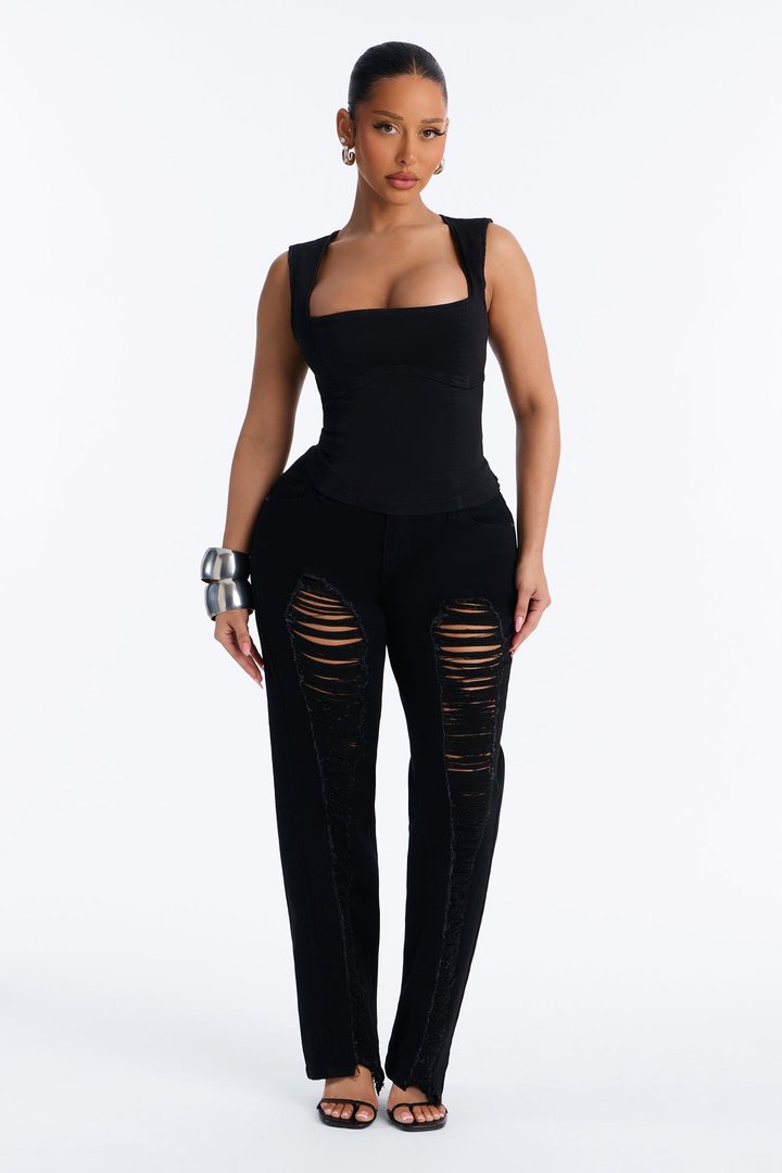 Hollywood Ripped Low Waist Straight Leg Jeans - Black