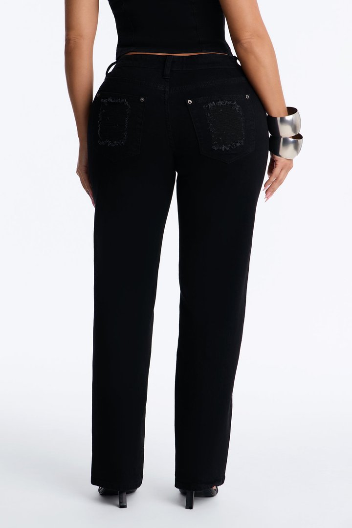 Hollywood Ripped Low Waist Straight Leg Jeans - Black