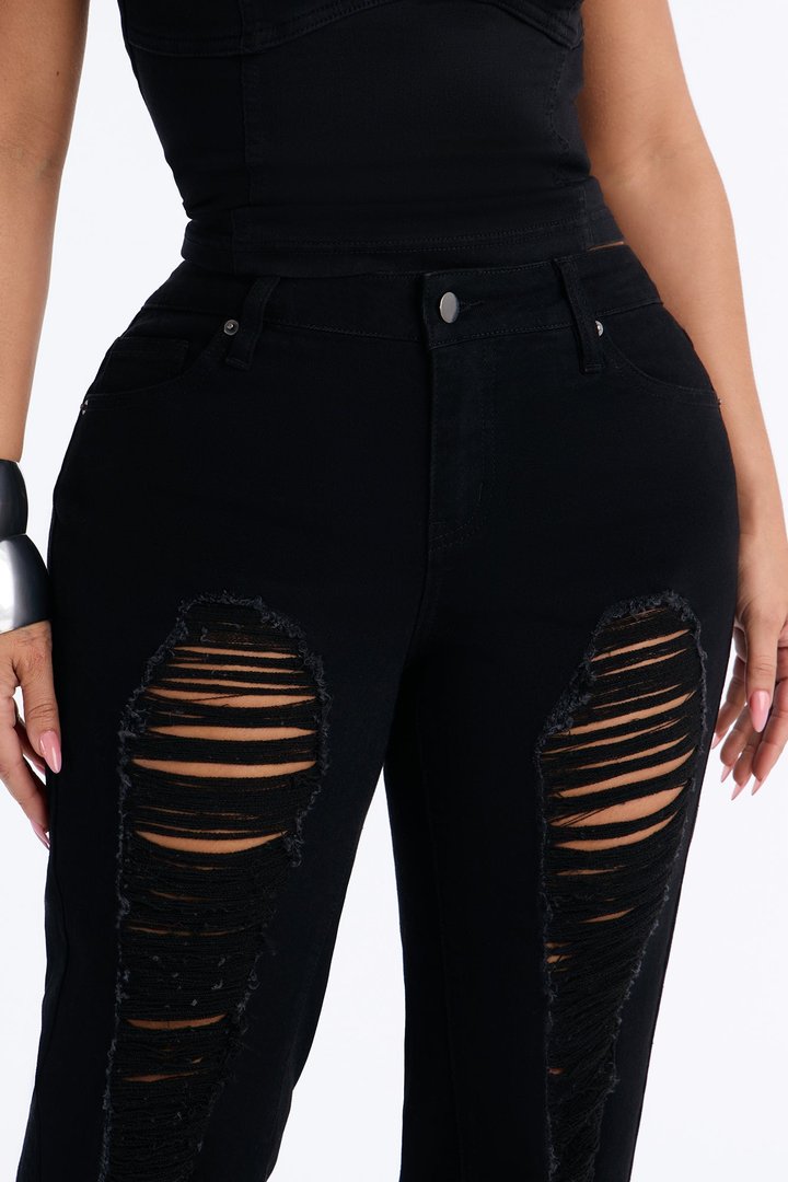 Hollywood Ripped Low Waist Straight Leg Jeans - Black