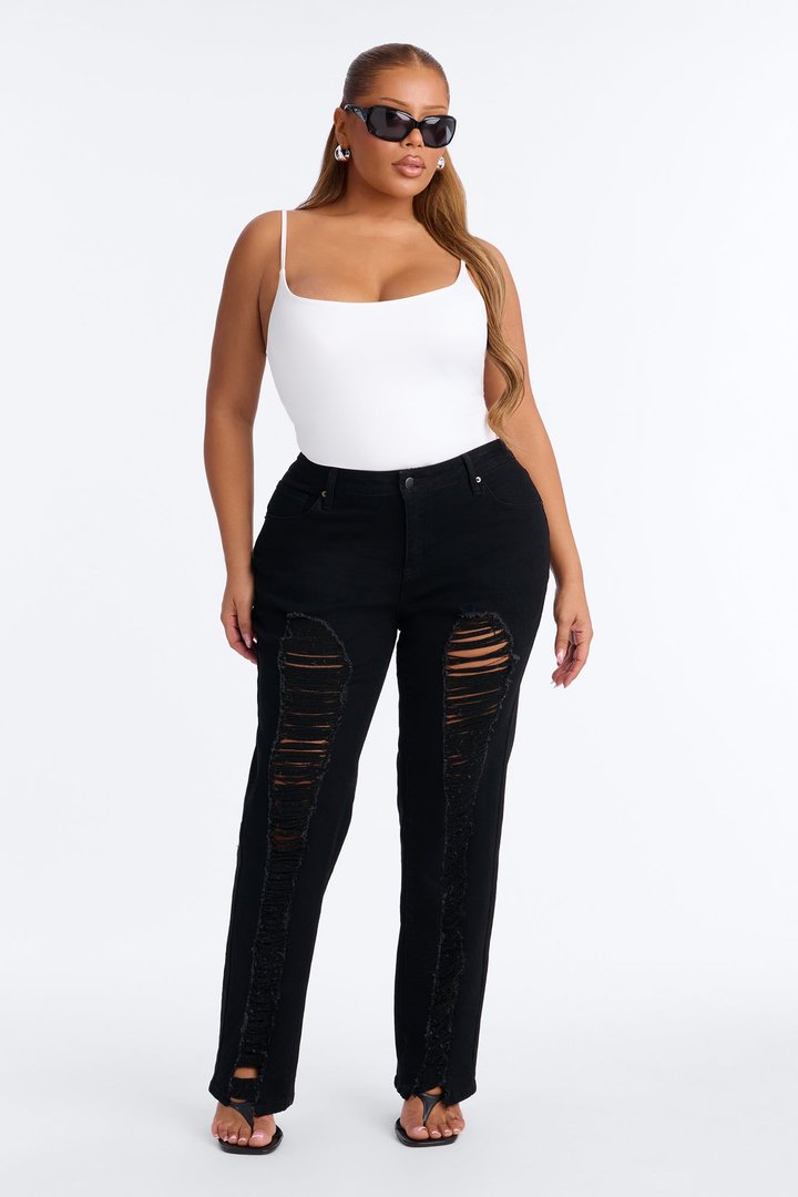 Hollywood Ripped Low Waist Straight Leg Jeans - Black