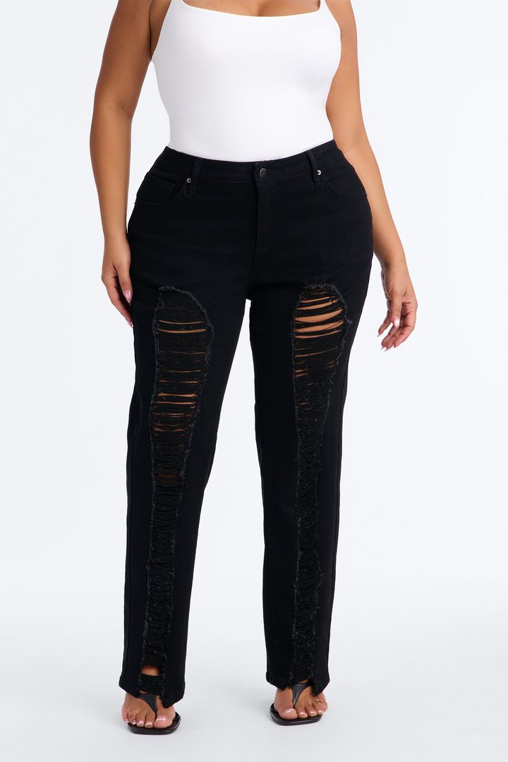Hollywood Ripped Low Waist Straight Leg Jeans - Black