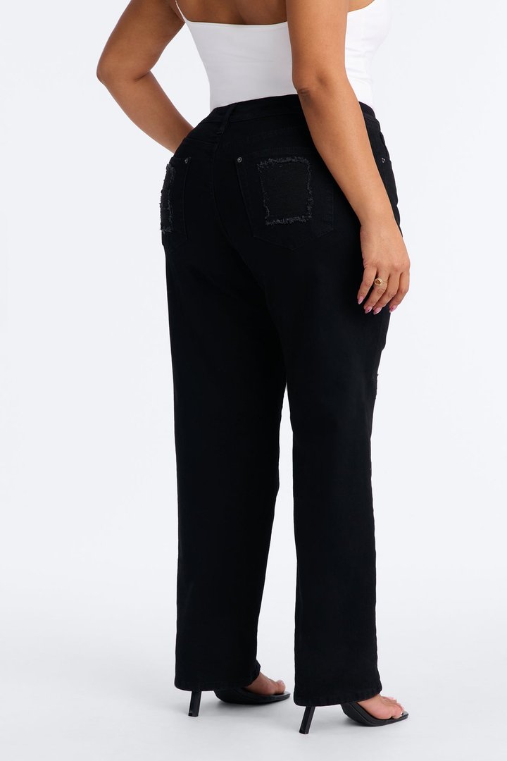 Hollywood Ripped Low Waist Straight Leg Jeans - Black