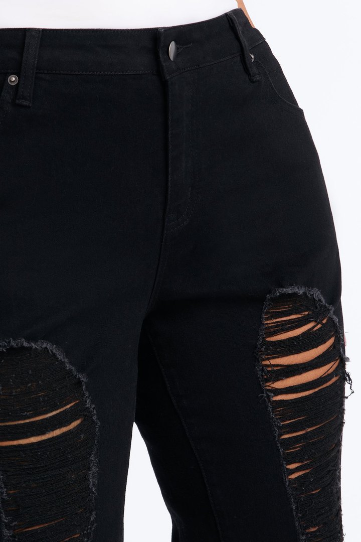 Hollywood Ripped Low Waist Straight Leg Jeans - Black