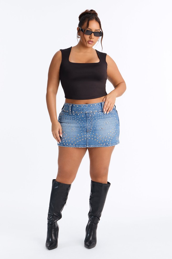 Starstruck Denim Studded Micro Mini Skirt - Medium Wash