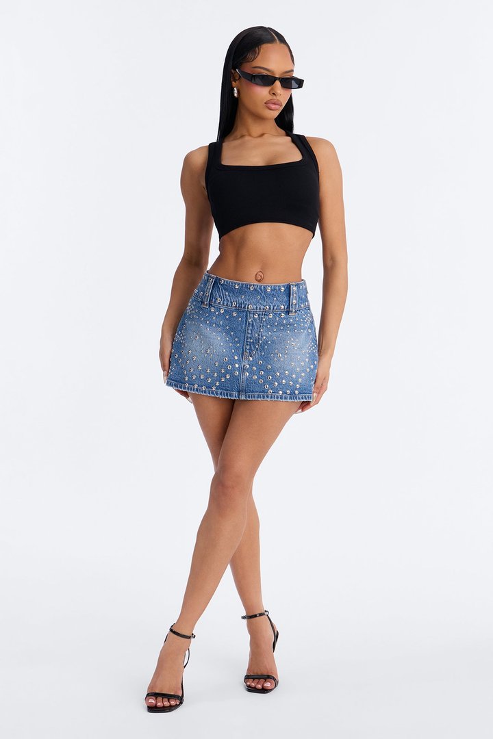 Starstruck Denim Studded Micro Mini Skirt - Medium Wash