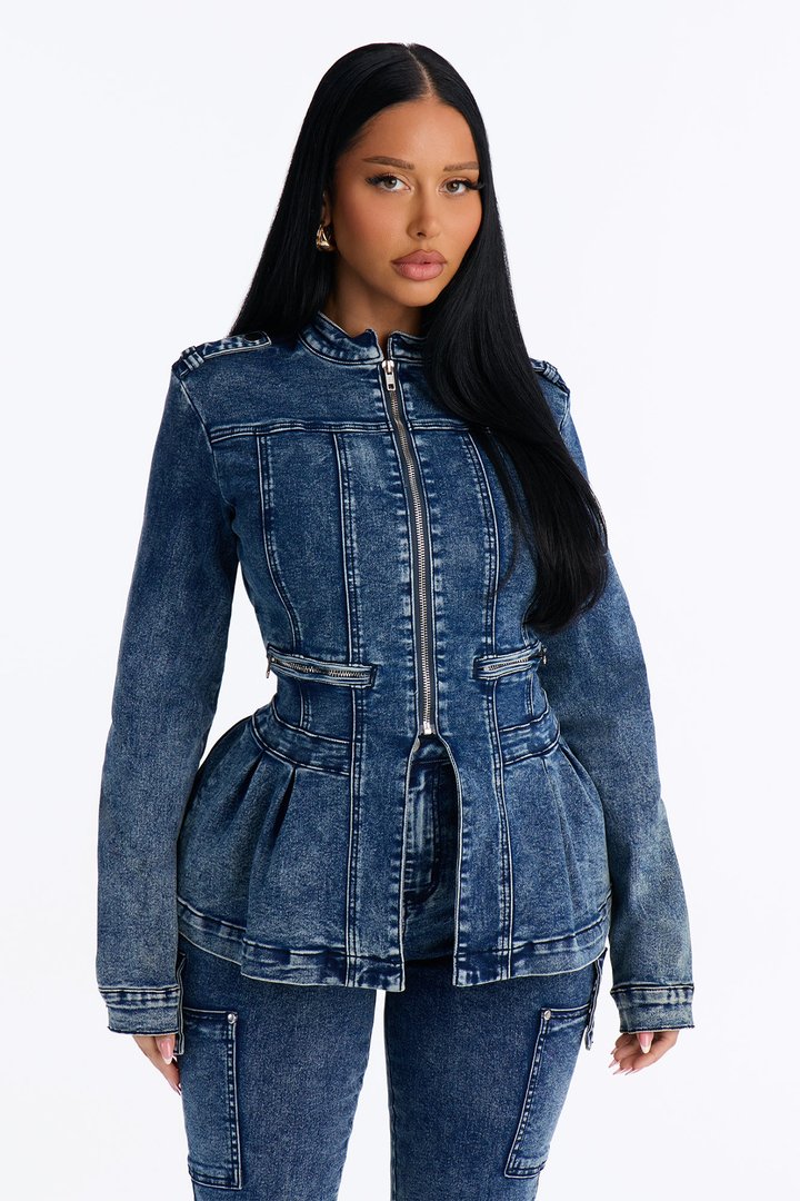 Lowkey Snatched Peplum Denim Jacket - Vintage Wash