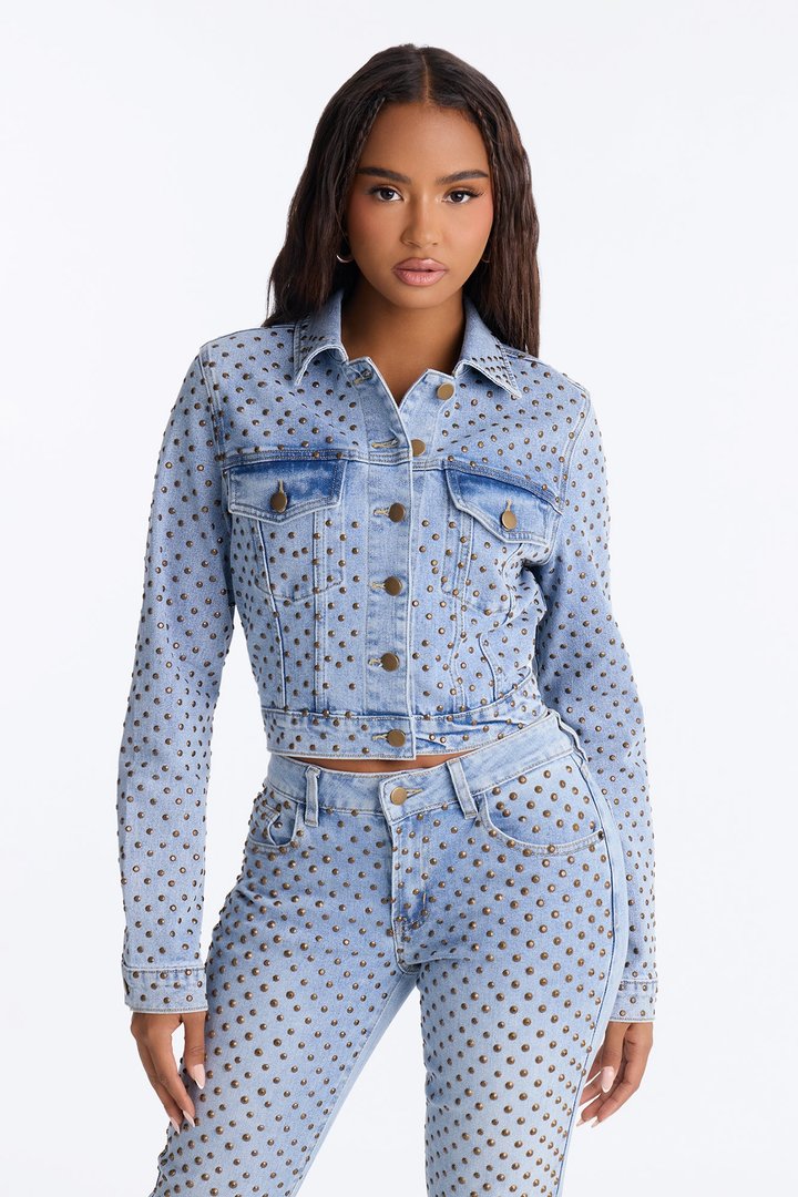 Paris Premium Stud Embellished Denim Jacket - Light Wash